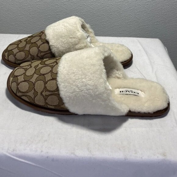 Coach Zena Signature Monogram Fur-Lined Slippers – Women's 9 – Brown – - Picture 1 of 6